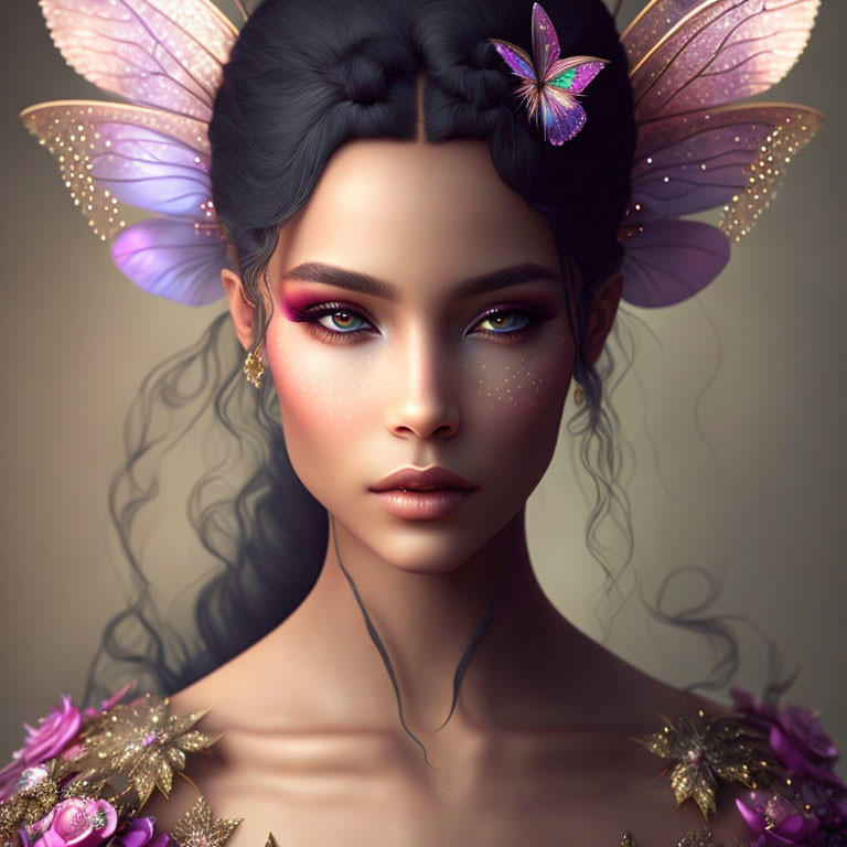 Fantastical portrait of a woman with elfin ears, butterfly wings, vibrant makeup, and roses