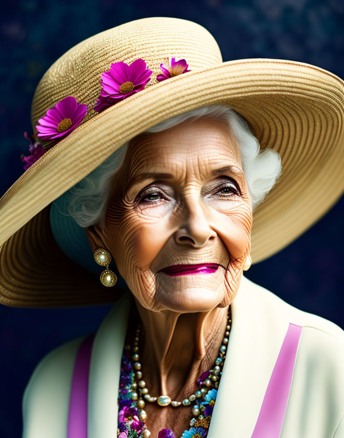 Smiling elderly woman in wide-brimmed hat with purple flowers, pearl earrings, colorful necklaces