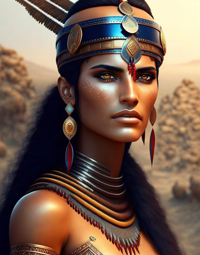 Portrait of woman with tribal jewelry in desert setting