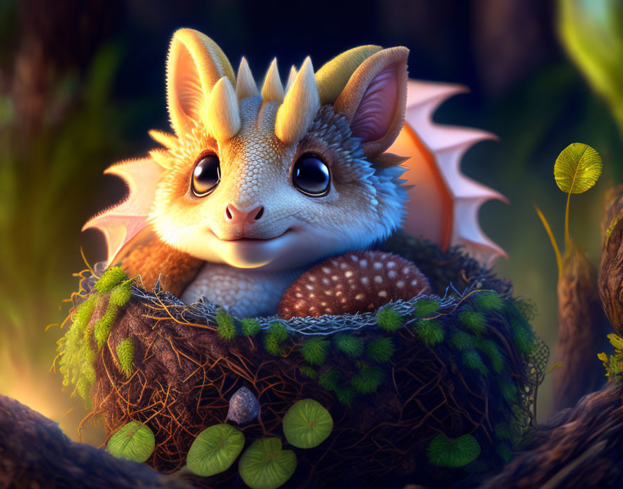 Baby dragon-like creature in cozy nest with lush greenery and soft light