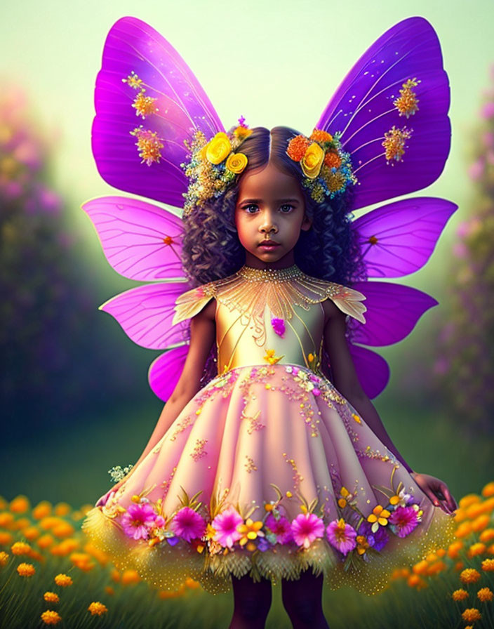 Young girl in fairy costume with purple wings in orange flower field