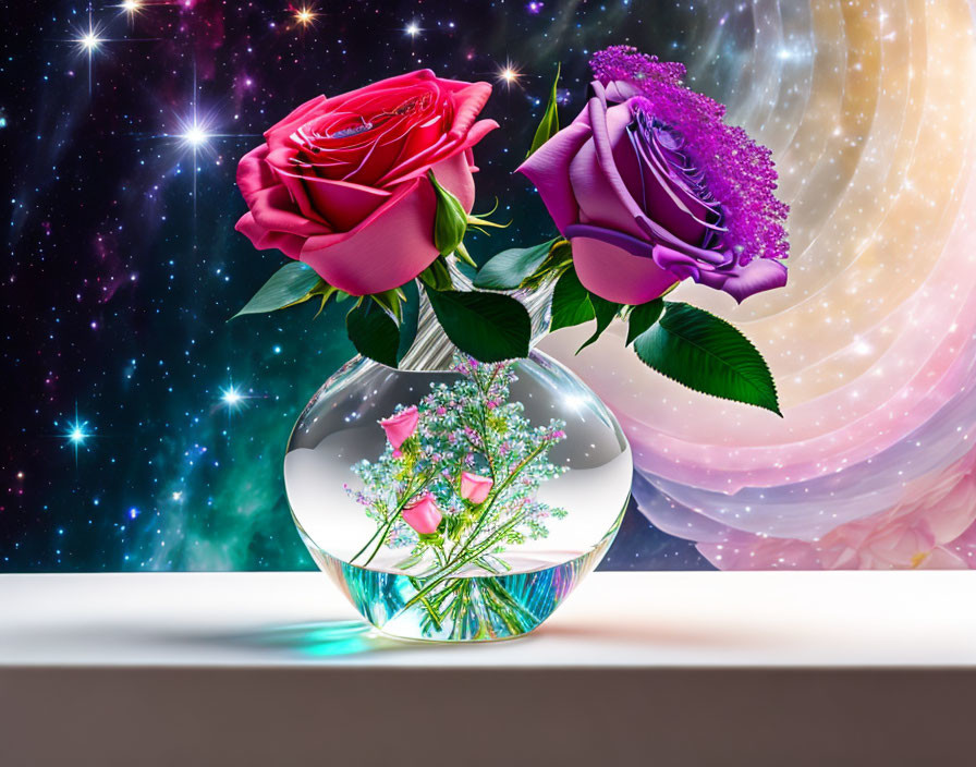 Vibrant pink and purple roses in clear vase with cosmic backdrop