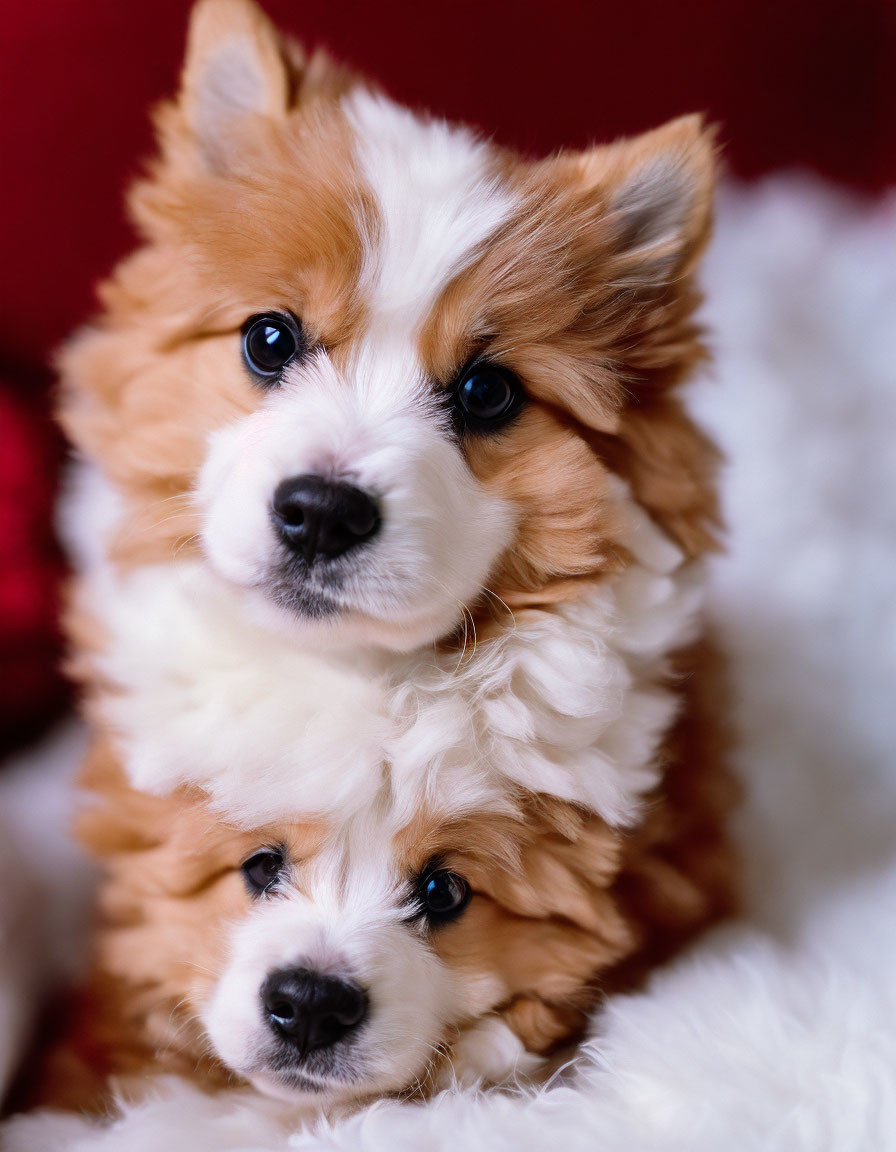 Fluffy Pembroke Welsh Corgis Cuddling on Red Background