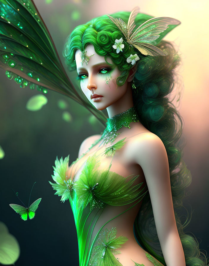 Fantasy creature with green hair and wings surrounded by flowers and butterfly