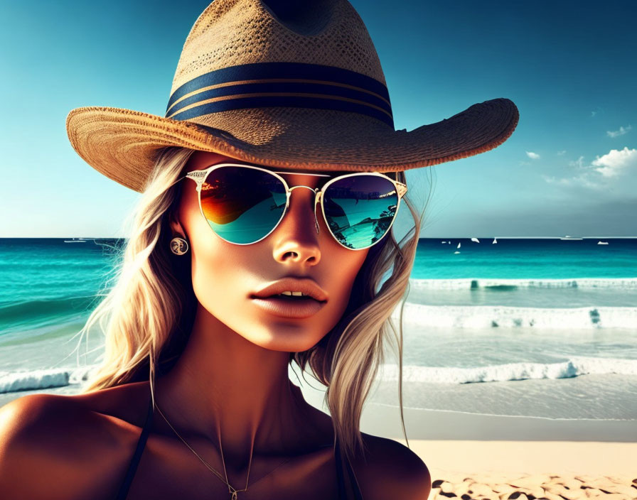 Woman in sunglasses and straw hat at beach with crystal blue waters and boats