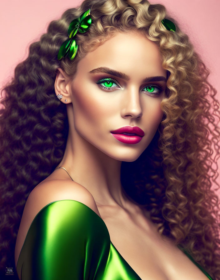 Curly-Haired Woman in Green Dress with Striking Green Eyes