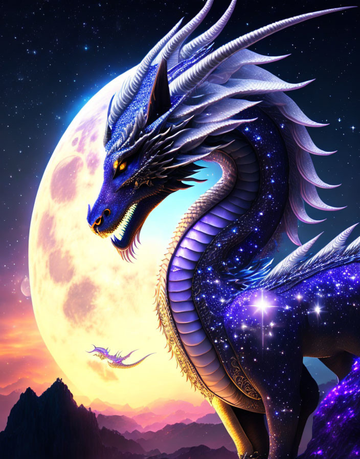 Blue Dragon with Sparkling Scales on Moonlit Night Sky