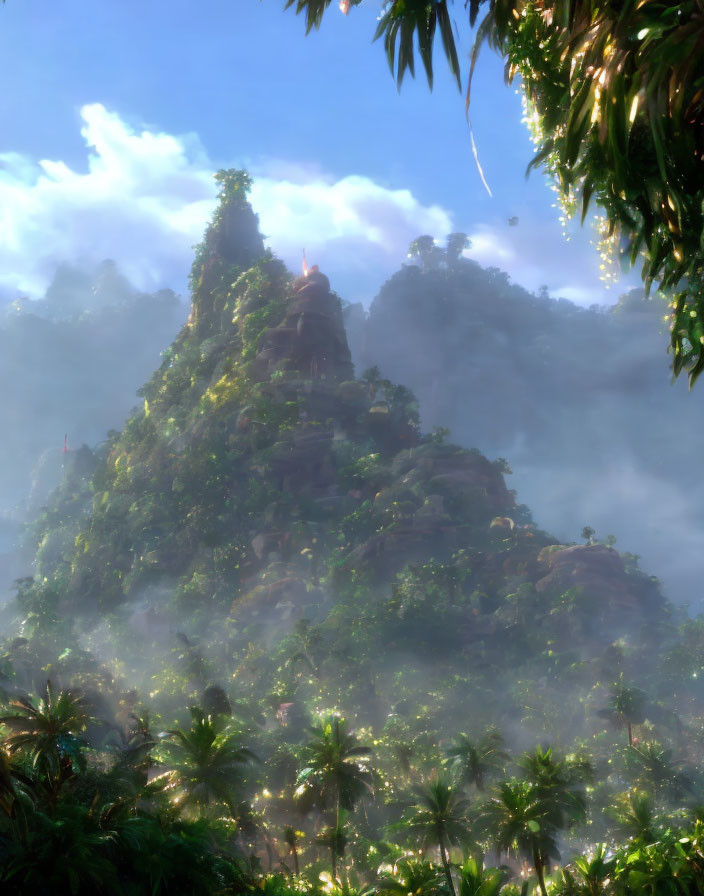 Misty green mountain peak with tropical temple at summit