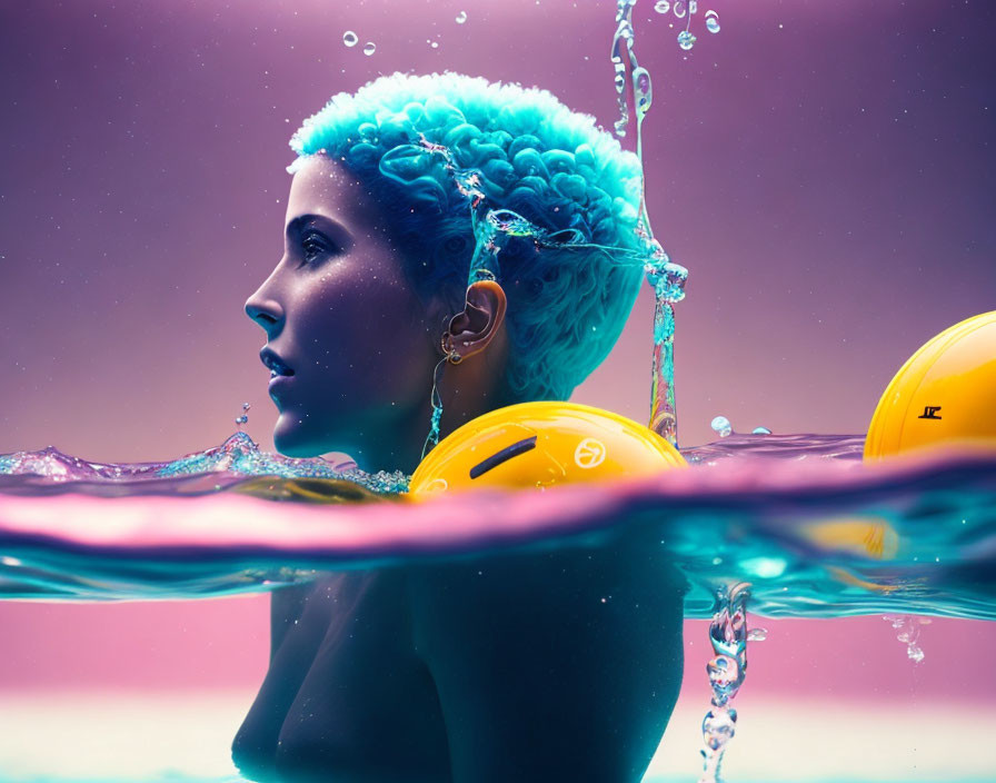 Swimmer in blue cap and yellow goggles emerges from water with droplets, set against pink and purple