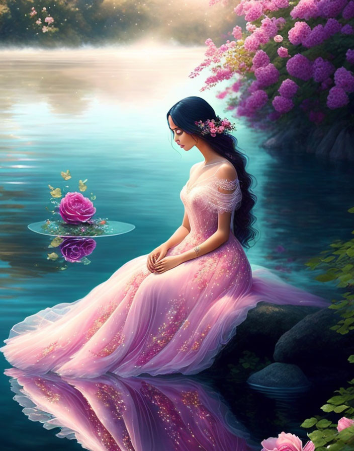 Woman in Pink Dress Sitting by Tranquil Waters Surrounded by Lush Flora