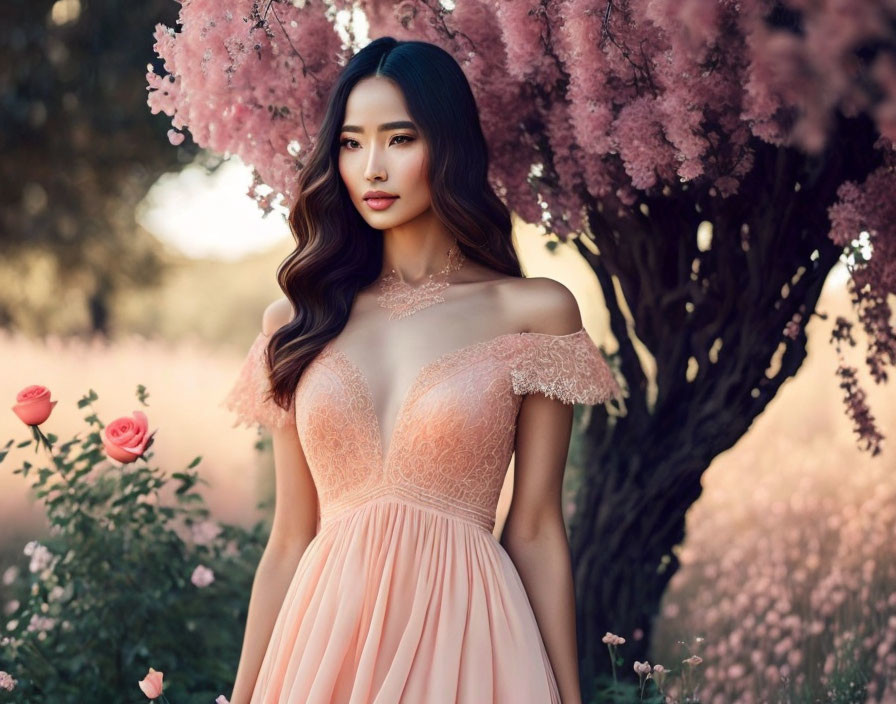 Woman in Peach Dress Surrounded by Pink Blossoms and Roses