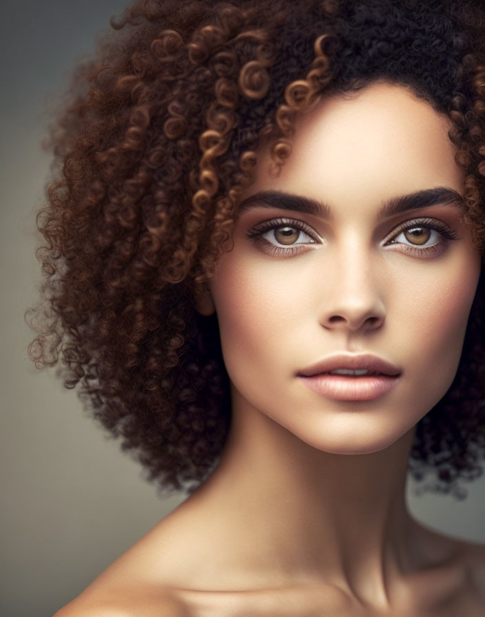 Portrait of woman with voluminous curly hair and symmetrical features