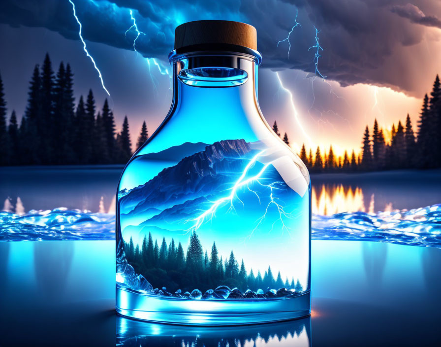 Digital artwork of mountain landscape in transparent bottle with lightning storm and reflective water