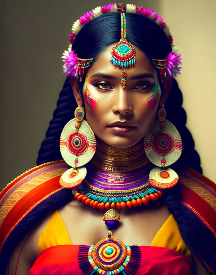 Traditional Attire Woman with Elaborate Jewelry and Serene Expression