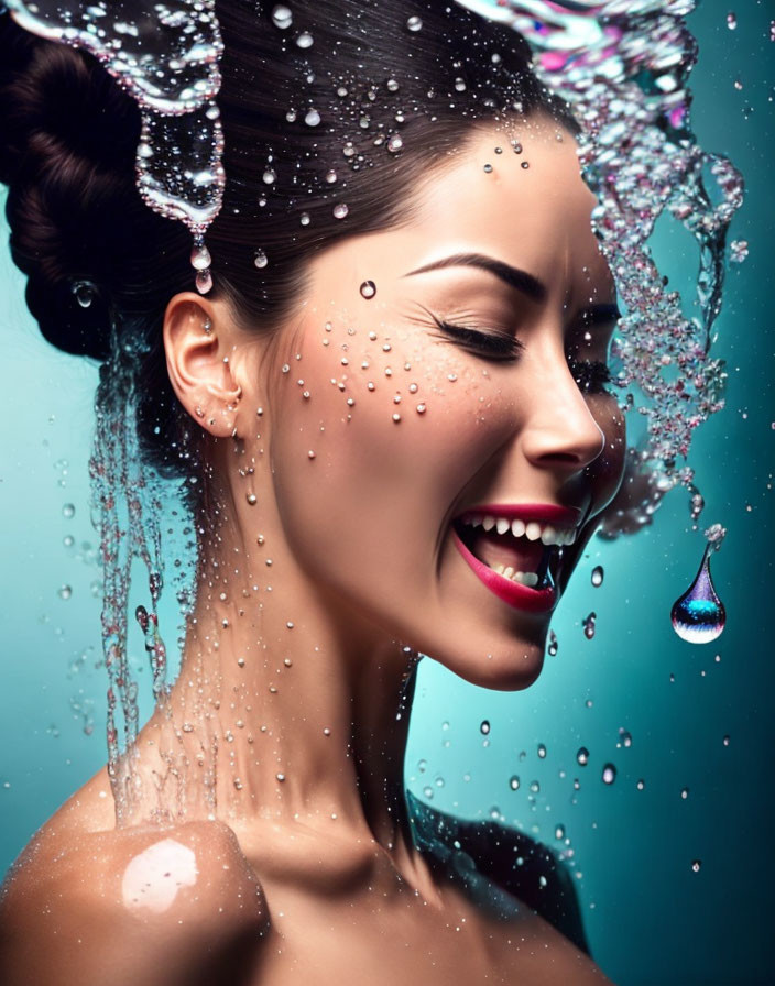 Cheerful woman with water splashing around her face