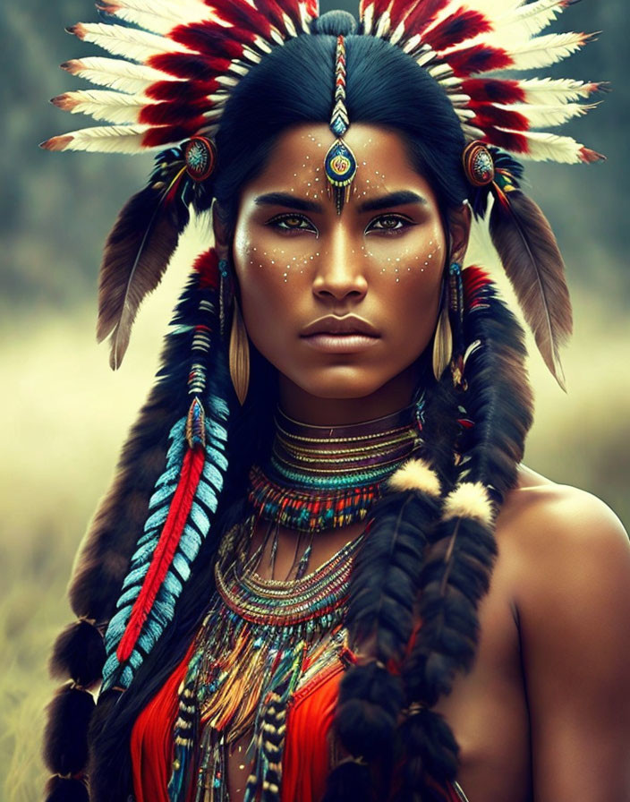 Native American person in traditional headdress and beaded jewelry gazes at viewer