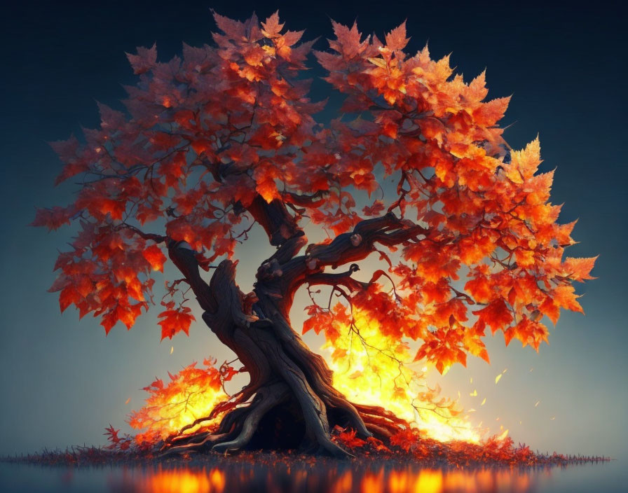 Twisted tree with vibrant autumn leaves on twilight blue background