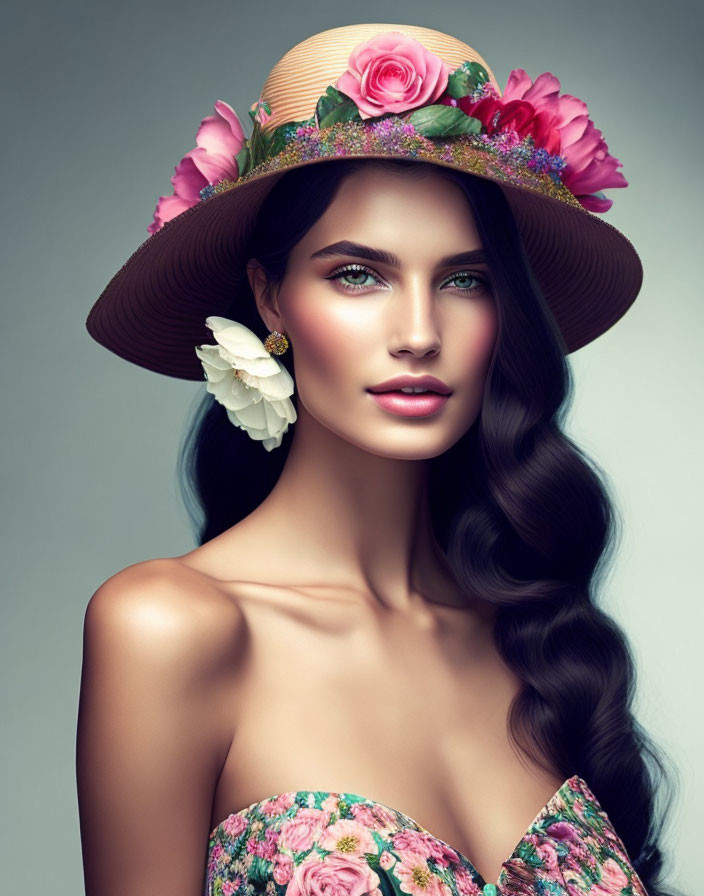 Woman in floral dress with straw hat and roses, blue eyes