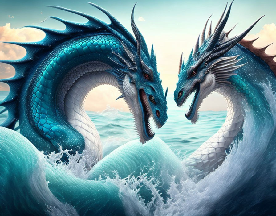 Majestic Blue Dragons with Intricate Horns in Ocean Scene