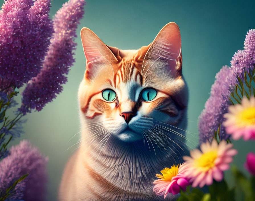 Orange Tabby Cat with Blue Eyes Surrounded by Purple and Pink Flowers on Teal Background