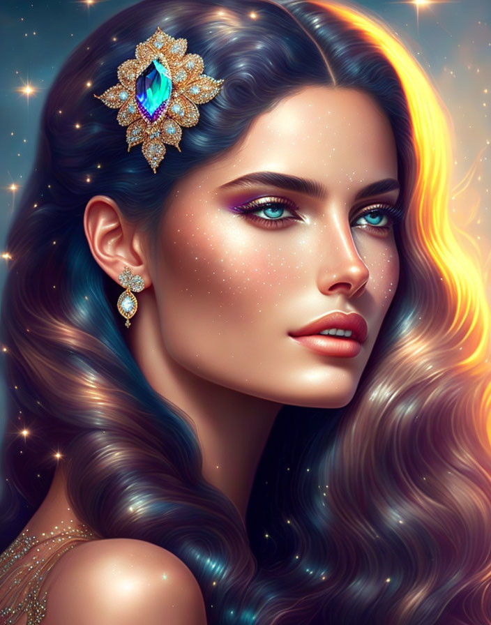 Ethereal woman with cosmic elements and radiant skin