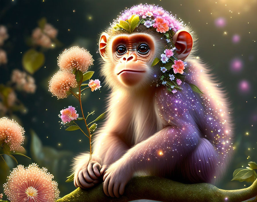 Digital art: Monkey with flowers on branch in starry background