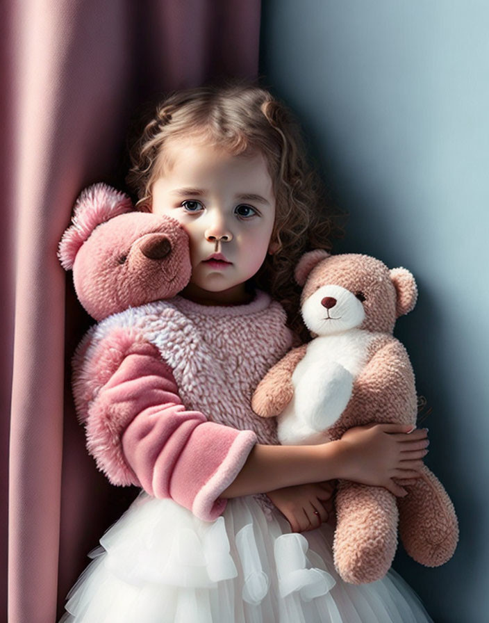 Young girl with curly hair holding teddy bears in pink sweater and white dress by window