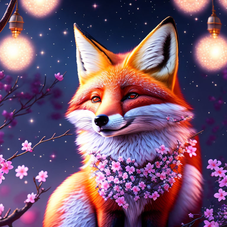 Fox with Pink Flowers in Starry Sky and Cherry Blossoms