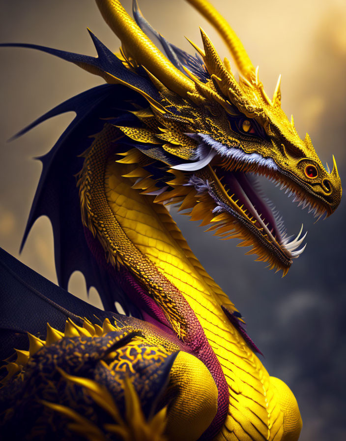 Detailed Illustration: Majestic Golden Dragon with Horns and Sharp Teeth