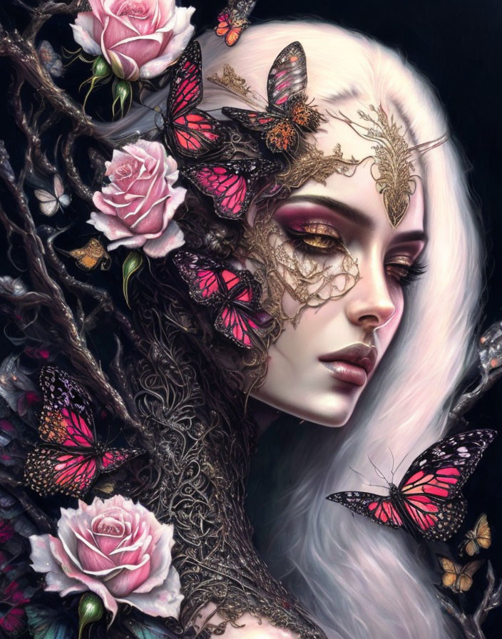 Fantasy portrait of woman with pale skin, white hair, golden mask, butterflies, roses on dark