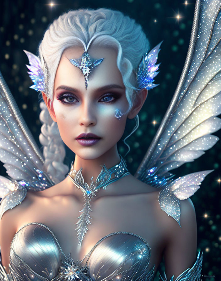 Fantasy being with pale skin, crystal wings, and silver attire on starry background