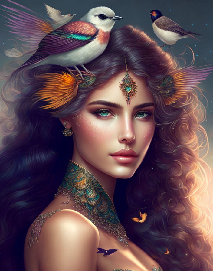 Portrait of woman with curly hair, birds, ornate jewelry, and mystical ambiance