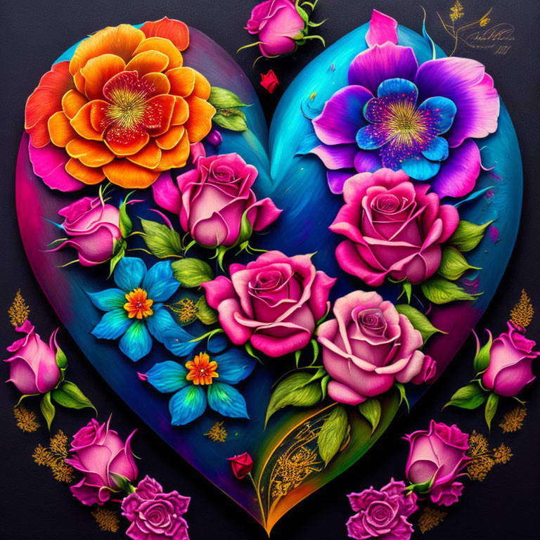 Colorful Heart-Shaped Floral Illustration on Dark Background