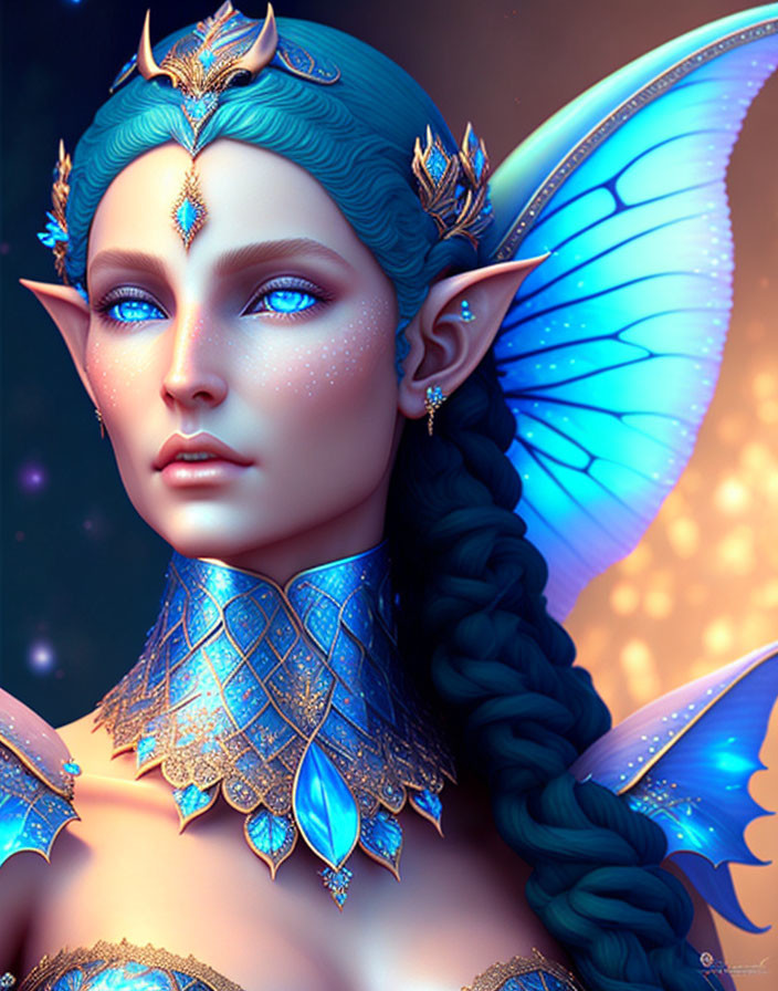 Fantasy digital art: Blue-skinned elf with intricate gold and blue headpiece.