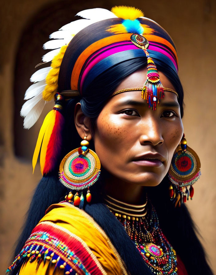 Woman in vibrant tribal attire with large bead earrings and feathered headdress