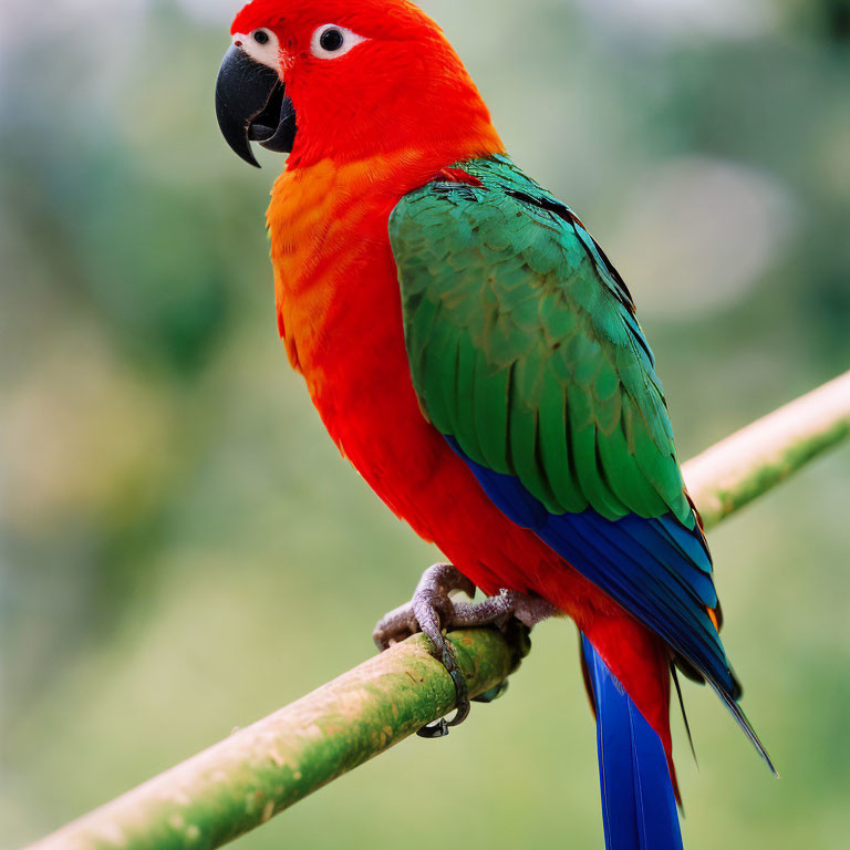 Colorful Parrot with Red Head, Green Wings, and Blue Tail Perched on Branch