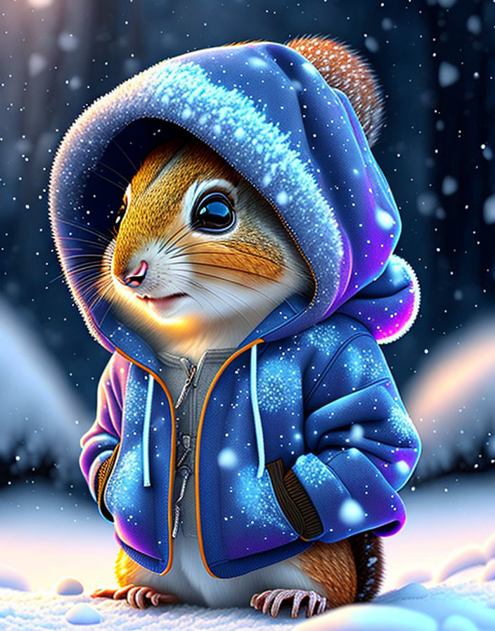 Anthropomorphized squirrel in blue jacket in snowfall