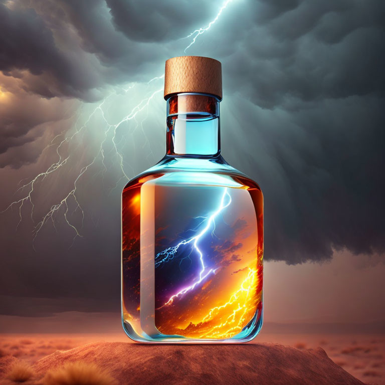 Glass bottle with cork holds vibrant storm with lightning bolts in dramatic sky