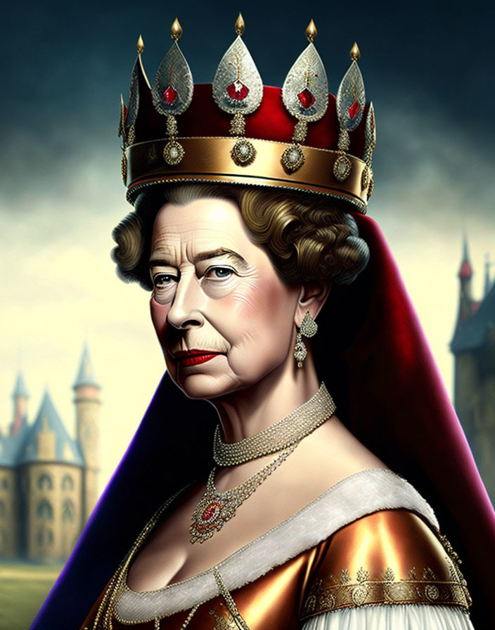 Regal Queen Portrait with Golden Crown and Castle Backdrop