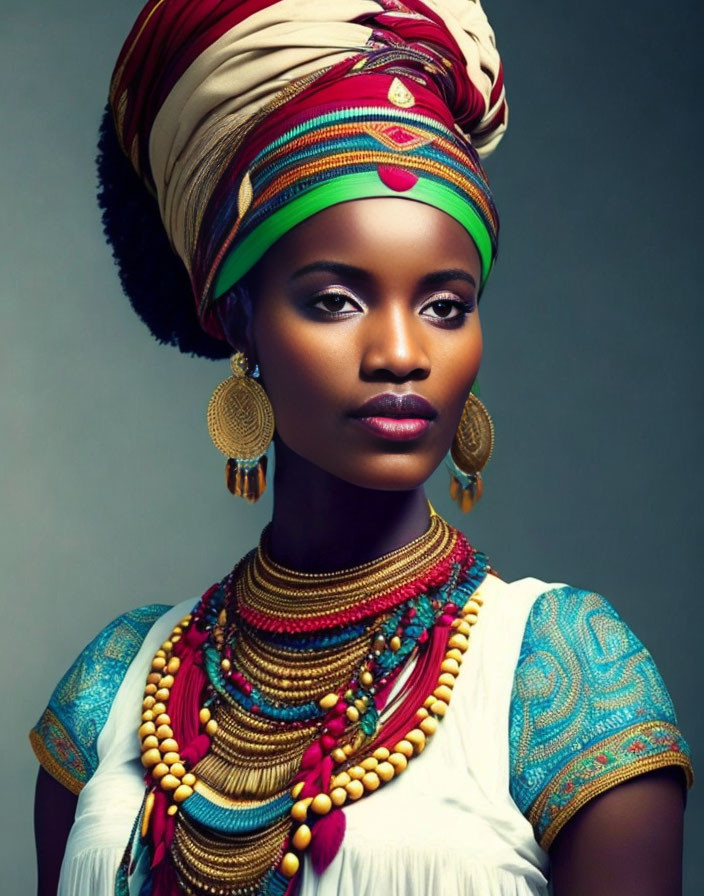 Woman in Multicolored Headwrap and Beaded Necklaces with Hoop Earrings and Patterned