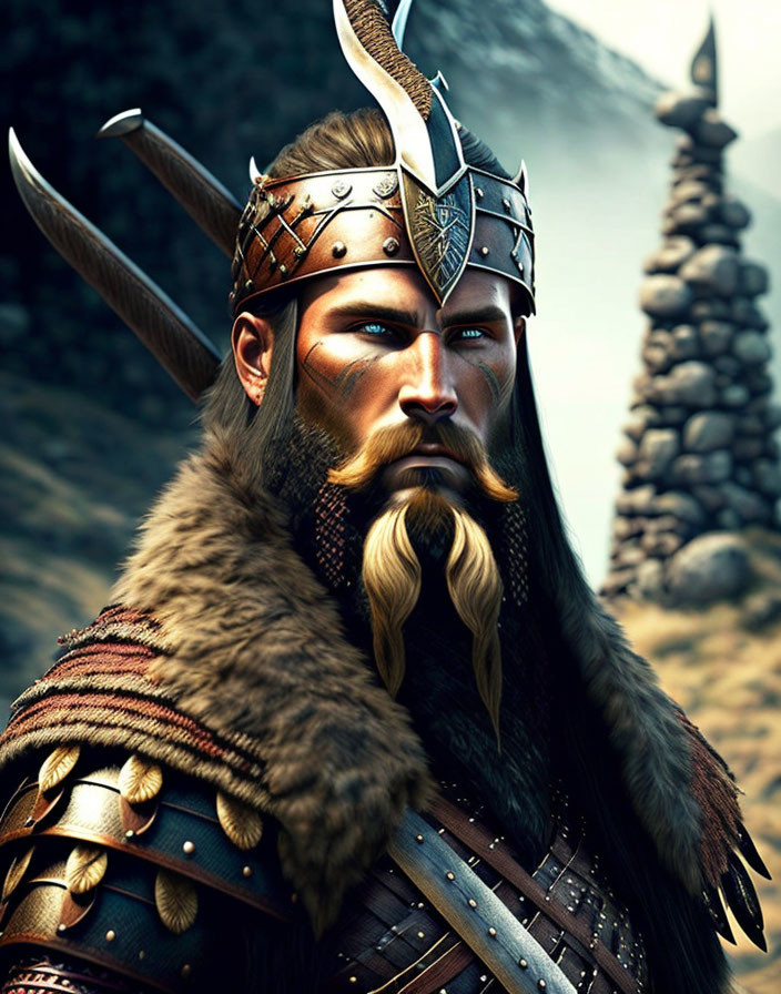 Fantasy Viking warrior digital artwork with horned helmet and mountain backdrop