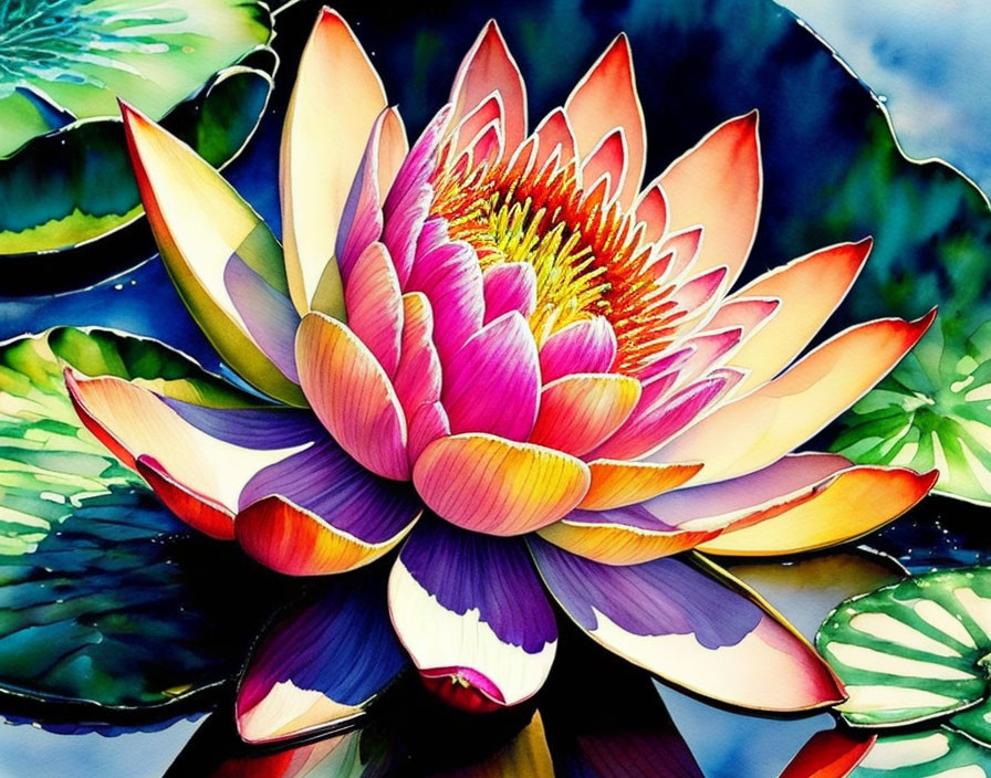 Colorful watercolor painting: Lotus flower in pink, orange, and yellow with green lily pads