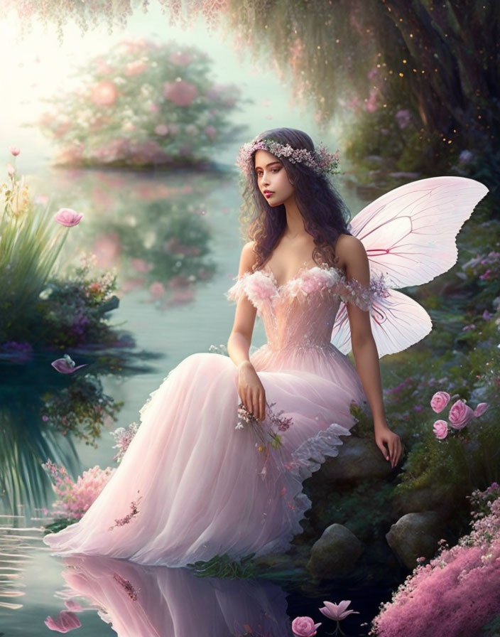 Ethereal winged figure by serene lake amidst lush greenery