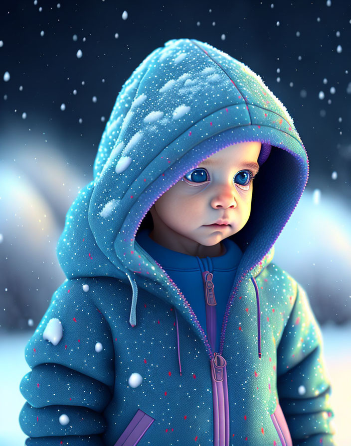 Toddler in Blue Hooded Jacket Contemplating Snowflakes at Dusk