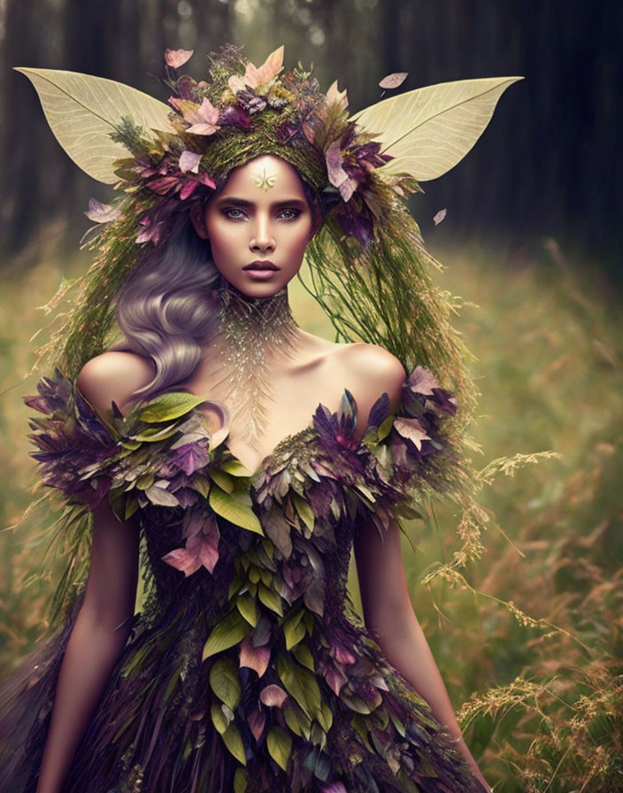 Elaborate fantasy costume with leafy adornments on a woman in a grassy area