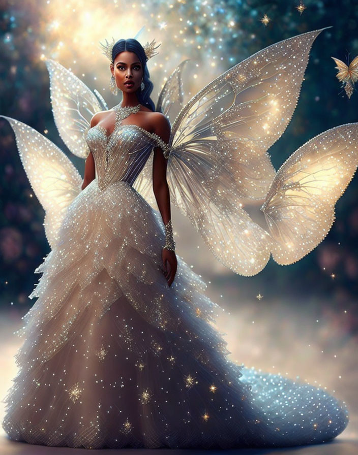 Fairy woman in elegant gown with luminescent wings in magical forest