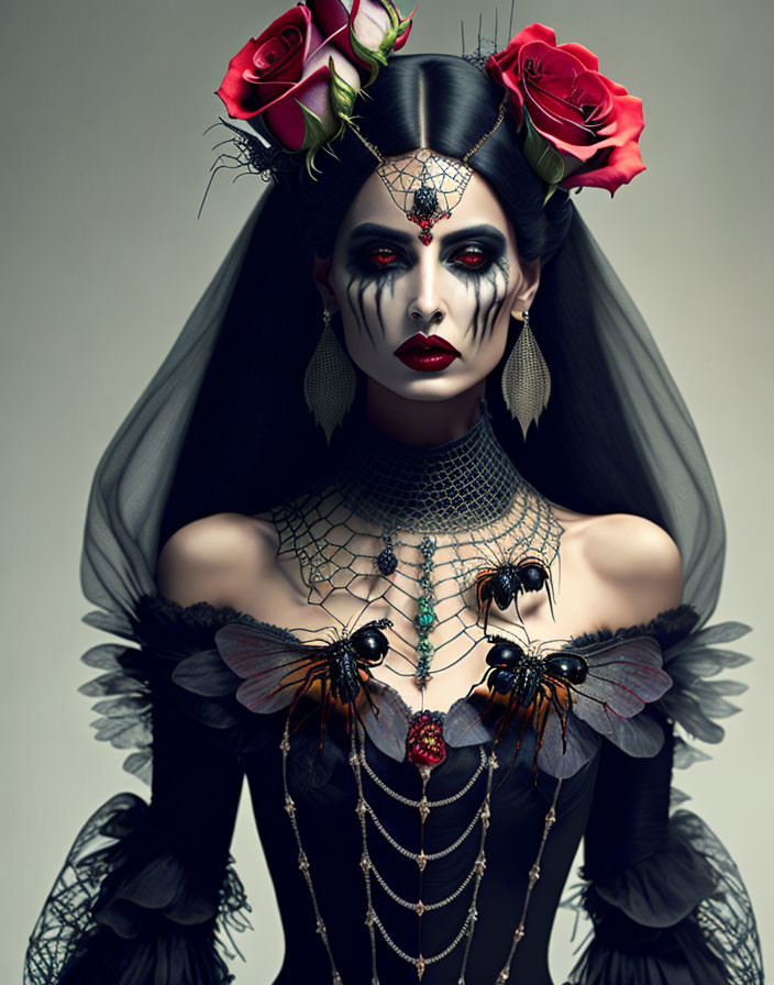 Woman in gothic makeup with roses, spider jewelry, dramatic expression against grey background