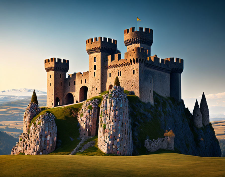 Stone castle with multiple towers on hill in grasslands at dusk