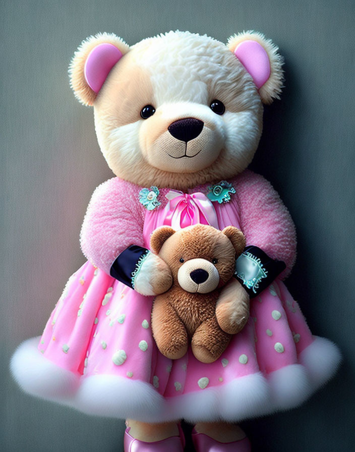 Pink Polka Dot Teddy Bear Holding Smaller Bear on Gray Background