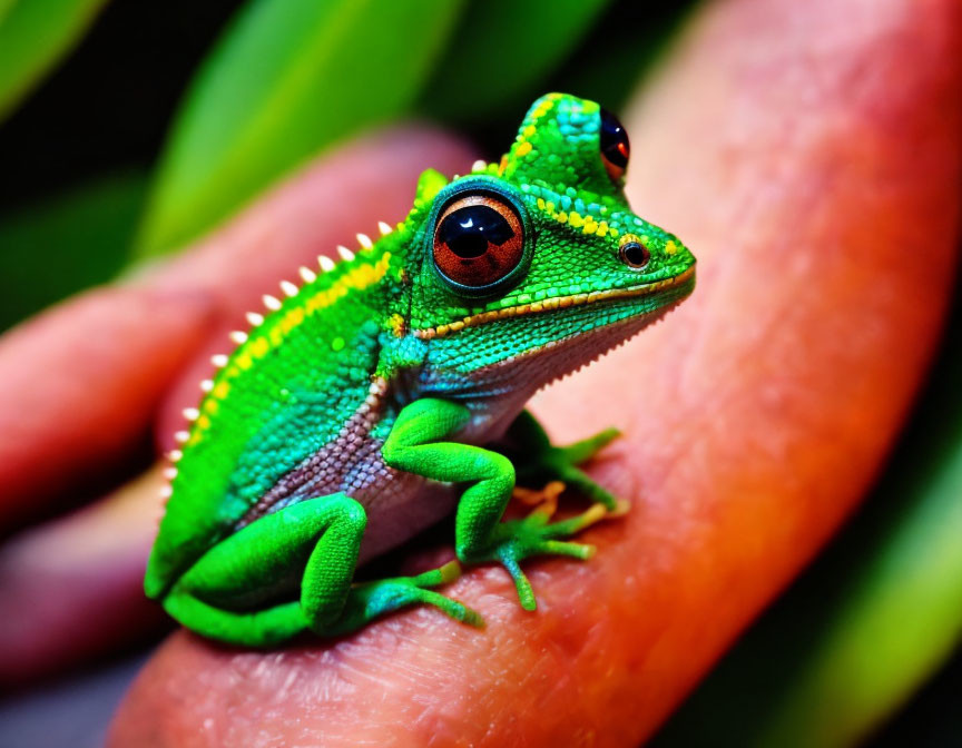 Colorful chameleon perched on hand with red eyes and curled tail among green leaves